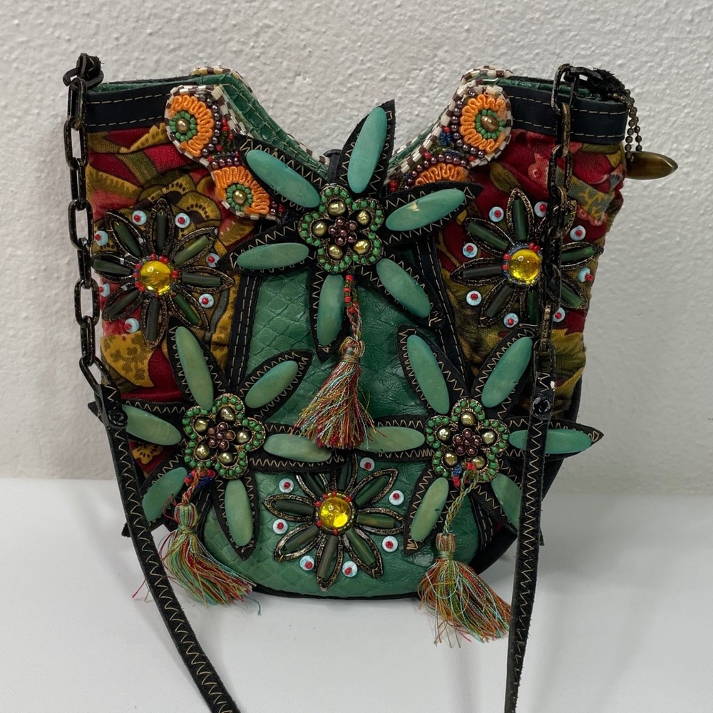 Vintage Mary Frances Beaded Snakeskin Shoulder Bag Green Tassel Embellished Boho